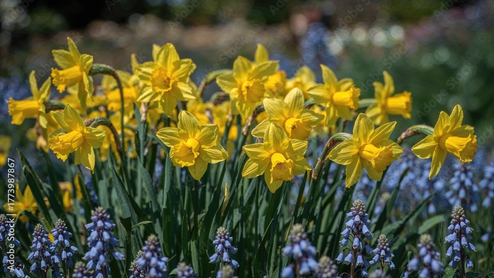 Fototapeta premium Yellow daffodils and purple grape hyacinths in a garden.
