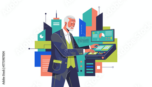 Senior businessman managing data technology in a modern smart city environment Vector illustration
