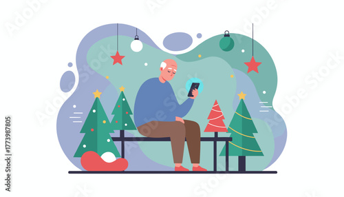 Lonely senior man checks his phone during the Christmas holidays surrounded by festive decorations