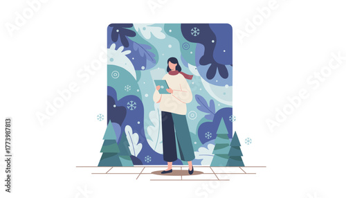 Stylish woman in winter clothes using a tablet device in an abstract blue forest illustration