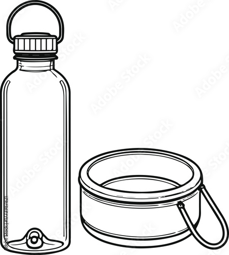 Dog water bottle and portable travel bowl line art, clean thin contour, white background, easy-to-use pet travel accessory vector 2