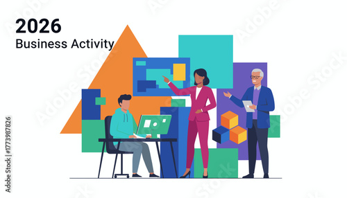 Professional team planning 2026 business strategy using data visualization and technology