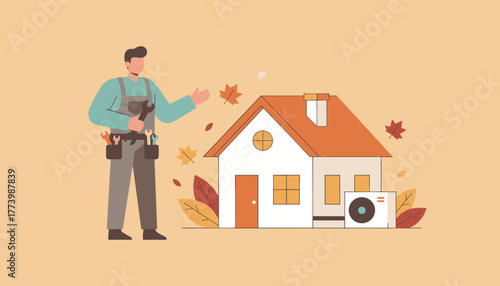 Professional HVAC technician provides home maintenance service during the autumn season
