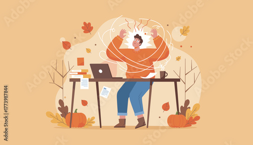 Stressed man suffering from work burnout at a desk during autumn deadlines