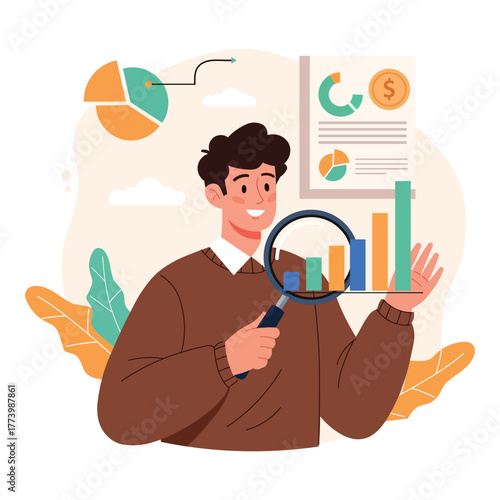 Illustration of a man analyzing business data with magnifying glass, isolated on white background, showing growth