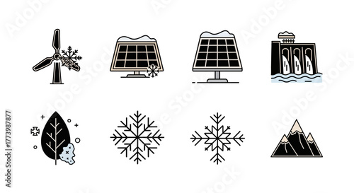 Renewable energy icons: wind, solar, and hydro with winter and nature elements