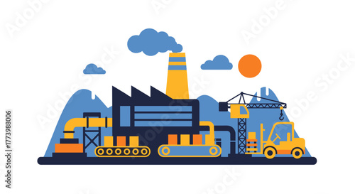 Flat design illustration of an industrial factory production plant logistics and heavy machinery