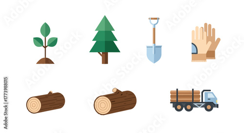 Tree planting and logging tools with gloves and tree icons in colorful minimalist style