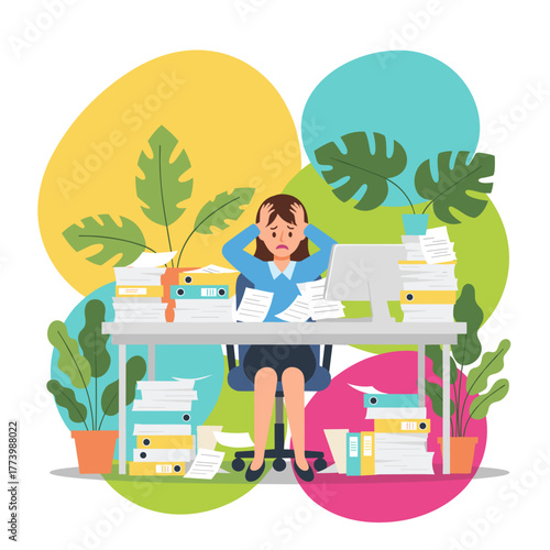 Overworked businesswoman stressed by excessive paperwork and workload symbolizing burnout and chaos