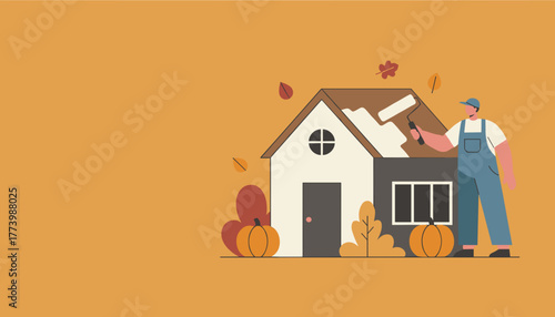 Worker painting a house roof during autumn home maintenance Seasonal repair and renovation illustration