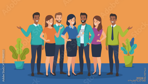 Diverse business team smiling and collaborating Professional staff teamwork and corporate success illustration