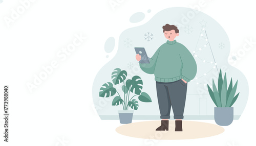 Cozy man checking tablet data at home during winter remote work holiday planning illustration
