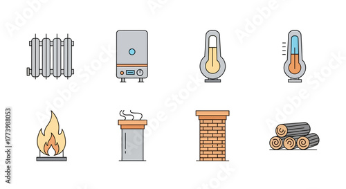 Home heating essentials: fireplace, radiator, boiler, thermometer, and chimney icons