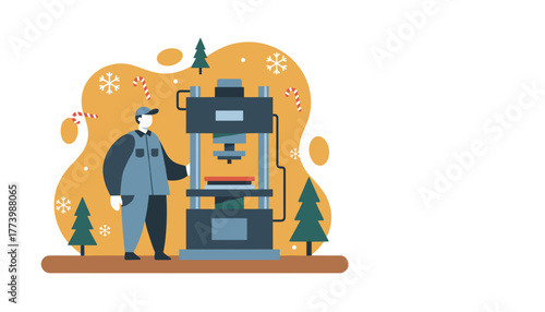 Worker operates industrial press machine amidst Christmas trees and snowflakes Seasonal industry production vector