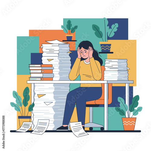 Stressed woman overwhelmed by a massive workload and endless paperwork pile at the office desk