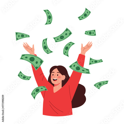 A cheerful woman celebrates her financial success as money rains down, isolated on white background