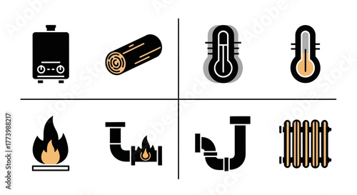 Comprehensive icons of heating elements and tools in flat and linear style