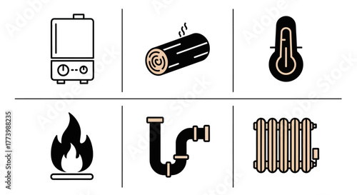 Heating and plumbing icons set: boilers, fire, pipes, radiator, temperature in minimalist style