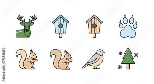 Simple forest wildlife and birdhouse icons in flat design