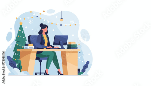 Festive office work Smiling woman works on computer near Christmas tree during winter holidays