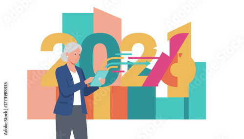 Senior businesswoman uses a tablet with streaming data against bold 2024 graphics symbolizing planning and future