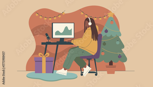 Young woman works remotely at desk during Christmas holidays with computer and microphone