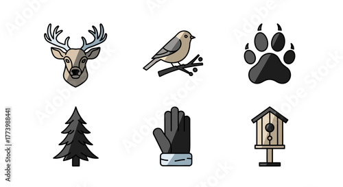 Flat style forest icons: deer, bird, paw print, tree, glove, birdhouse