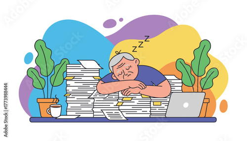 Exhausted person sleeping on a huge stack of paperwork deadline burnout concept