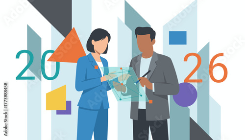 Business partners review data network on a futuristic holographic screen for 2026 planning