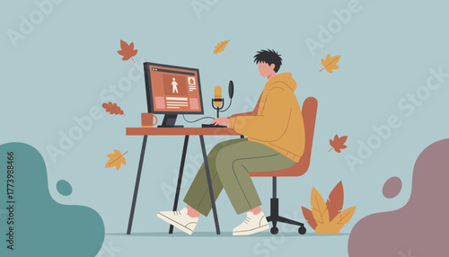 Digital creator working on a computer with a microphone in a cozy fall setting
