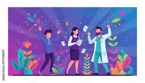 Professionals doctor business casual celebrating success with colorful confetti