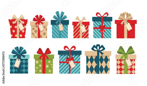 A collection of ten festive gift boxes with assorted patterns and ribbons, perfect for celebration
