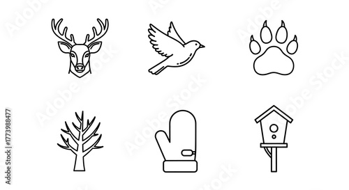 Minimalist winter and wildlife icons set: deer, bird, tree, mittens