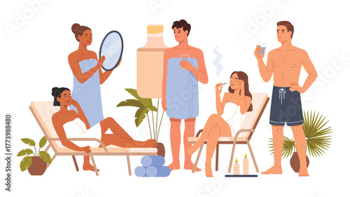 Relaxing Spa Scene with Guests Enjoying Massages, Facials, Aromatherapy, Meditation, Hot Stone Therapy, and Wellness Treatments in a Serene Environment