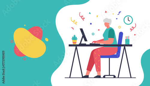 Productive senior woman working at a desk with a computer celebrating work success Vector illustration