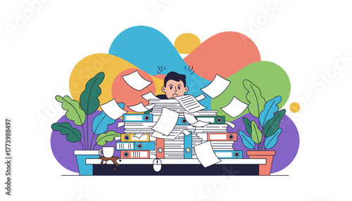 Overwhelmed worker buried in paper pile Stress workload and office burnout illustration