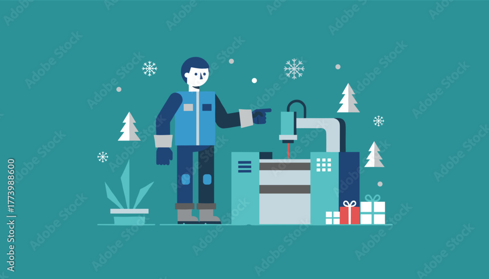 Worker uses machinery in a winter factory setting suggesting holiday production and manufacturing efficiency