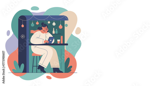 Woman works remotely on tablet at a cozy festive winter bar Holiday digital lifestyle