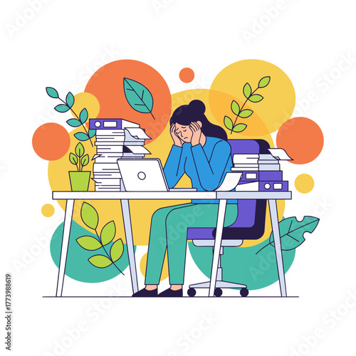 Overworked woman stressed by paperwork and deadlines sitting at office desk