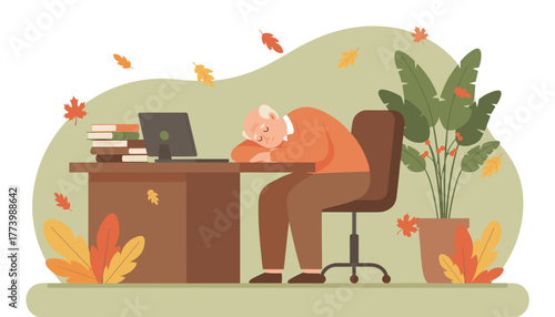 Exhausted senior man asleep at his desk Autumn seasonal fatigue concept