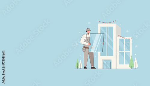 Glazier carrying large window pane for installation on a modern office building in winter