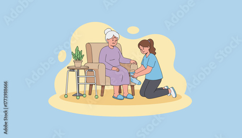 Nurse helping old lady dress providing assistance and compassionate home healthcare service