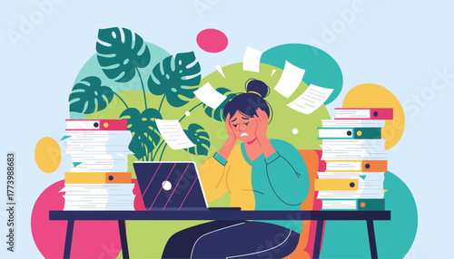 Burnout Overwhelmed woman stressed by excessive deadlines and paperwork at her office desk