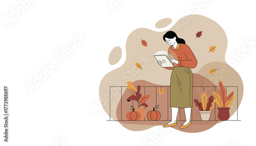 Sad woman using tablet on an autumn balcony dealing with online problems or bad news