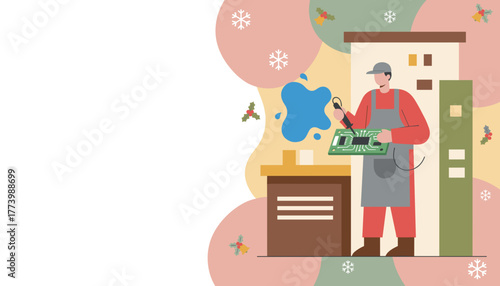 Technician soldering a circuit board during winter holidays Technology repair and service illustration