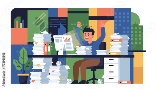 Overworked employee overwhelmed by tall stacks of documents in the office Stress and burnout illustration
