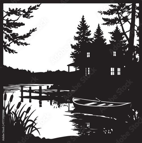 Black and white tranquil lakeside scene with cabin and rowboat vector illustration