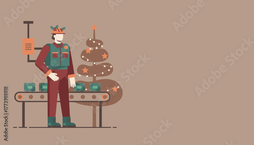 Factory worker monitors PCB production on a Christmas themed assembly line Tech industry holiday manufacturing