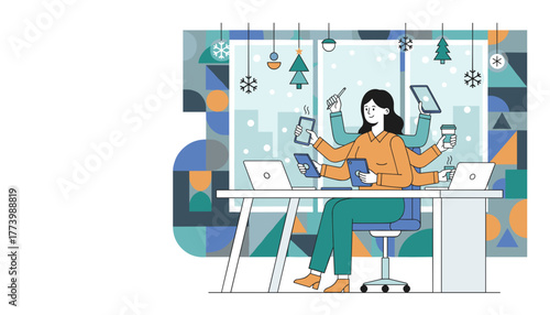 Multitasking professional working efficiently with many devices at a desk in a modern winter office