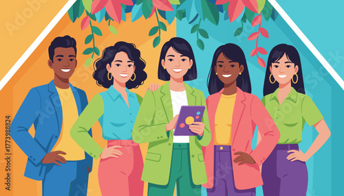 Diverse team of professionals smiling using technology for success and global collaboration